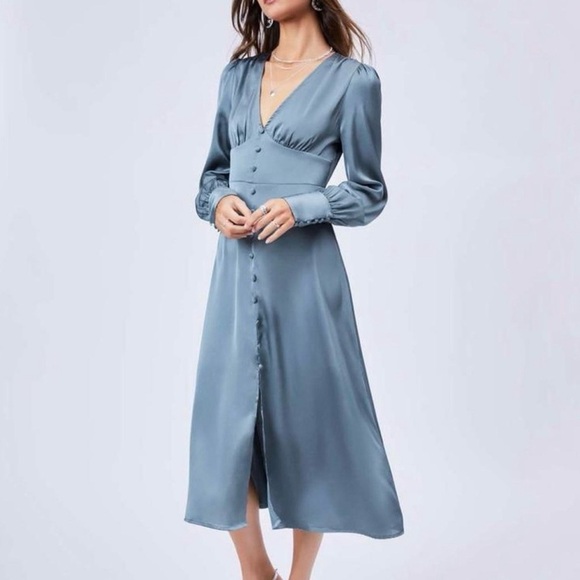Cider brand blue satin feel dress with front buttons - Picture 1 of 4